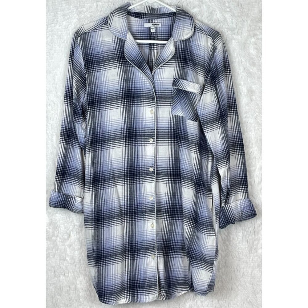 Sonoma Medium Long Sleeve Plaid Button Down Night Gown Purple White Black